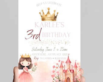 Princess Birthday Invitation, Gold Glitter Castle (Instant Download)