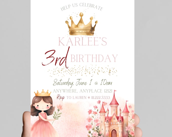 Princess theme birthday invitation, Princess castle, carriage, gold glitter, pink Princess, little girl birthday party, customizable