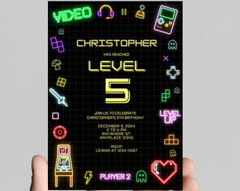 Gamer gaming birthday party invitation, neon lights, editable, printable, digital