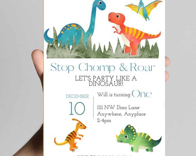 Stop Chomp Roar! Party like a dinosaur birthday party invitation, colorful baby dinos, 5x7in, customizable digital download