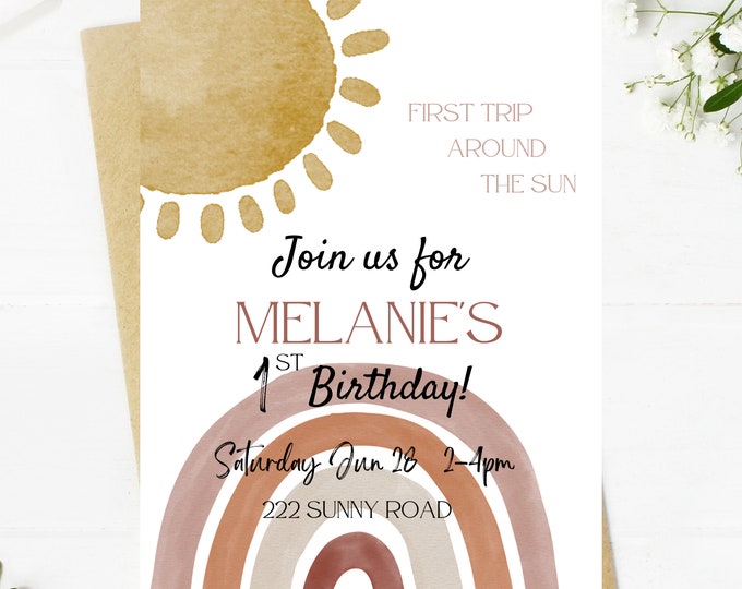 1st First trip around the sun birthday invitation, rainbow birthday, trip around the sun, girl birthday