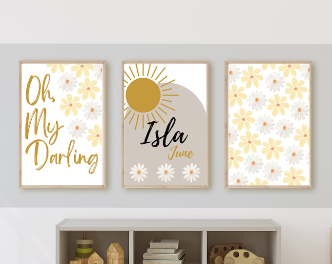 Oh my darling, baby girl nursery decor, sunshine, my little sunshine nursery decor wall art, daisies,  11x14, customizable