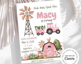 Oink, baa, cluck, moo, farm theme birthday invitation, cow, barn animals, tractor, girl 2nd birthday invitation. Editable Age and details