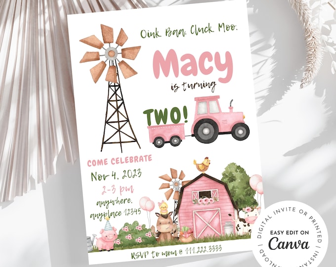 Oink, baa, cluck, moo, farm theme birthday invitation, cow, barn animals, tractor, girl 2nd birthday invitation. Editable Age and details