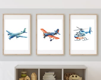 Airplane and Helicopter Nursery Prints, Boy Room Decor (Digital Download)