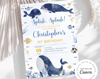Whale Birthday Party Invitation, Under the Sea Theme (Digital Download)