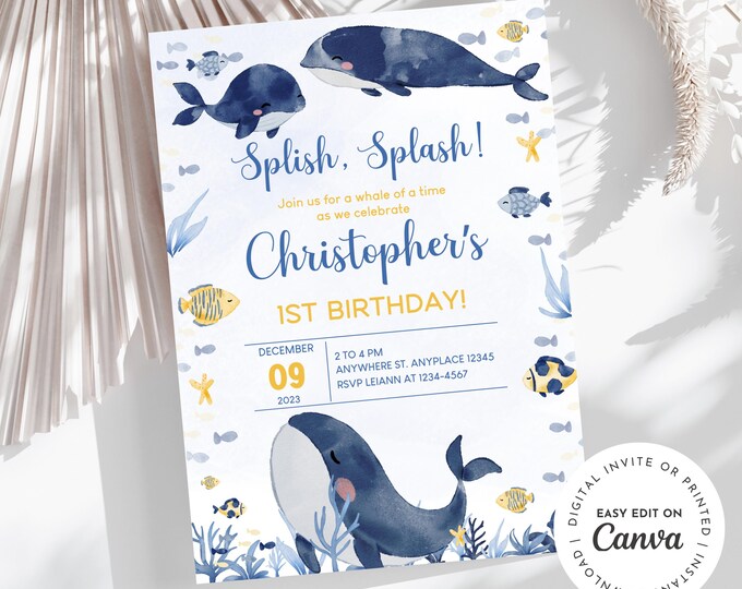Splish splash Whale of a Time! theme birthday party invitation, edit to any age, deep sea, ocean, 1st bday, baby boy, under the sea party