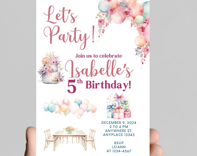 Pastel rainbow birthday invitation, watercolor, little girl birthday party, age customizable