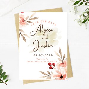 light pale pink floral and greenery save the date invitation, Wedding, simple, minimalist, printable, editable, instant download template