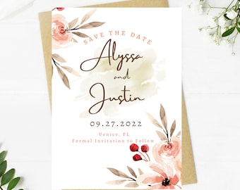 light pale pink floral and greenery save the date invitation, Wedding, simple, minimalist, printable, editable, instant download template