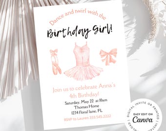 dance and twirl with the birthday girl, ballet theme light pink tutu themed birthday party invitation,  birthday invitation for little girl