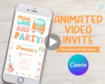 Peace love party! Retro 70’s theme girl birthday party video invitation, e-vite, sea shells, age is editable