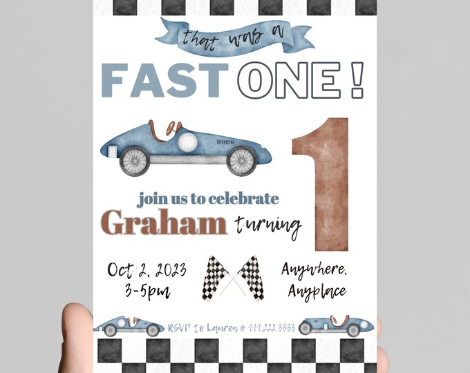 That was a Fast ONE, 1st birthday, Race on over, race car theme birthday invitation, racing,nascar, editable, printable, digital