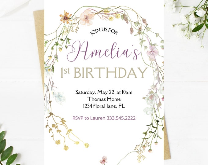 first birthday girl invitation, wildflower, floral, minimalist, beautiful, first birthday party invitation, wildflower field