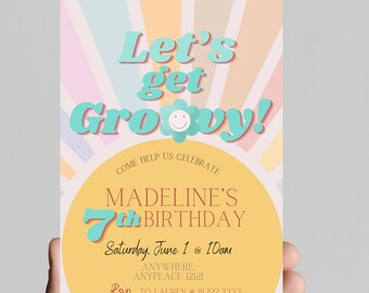 Let’s get groovy, retro, 70’s, throwback, daisy, boho, sun beam, groovy hippie girl birthday invitation themed, edit any age, printable