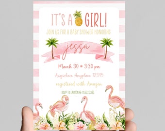 Flamingo theme girl baby shower invitation, pink and gold glitter, tropical, pineapple, come celebrate mom to be