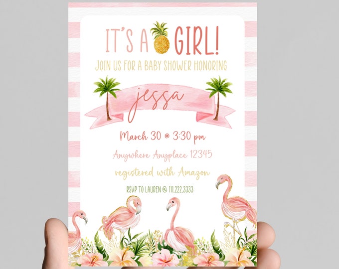 Flamingo theme girl baby shower invitation, pink and gold glitter, tropical, pineapple, come celebrate mom to be