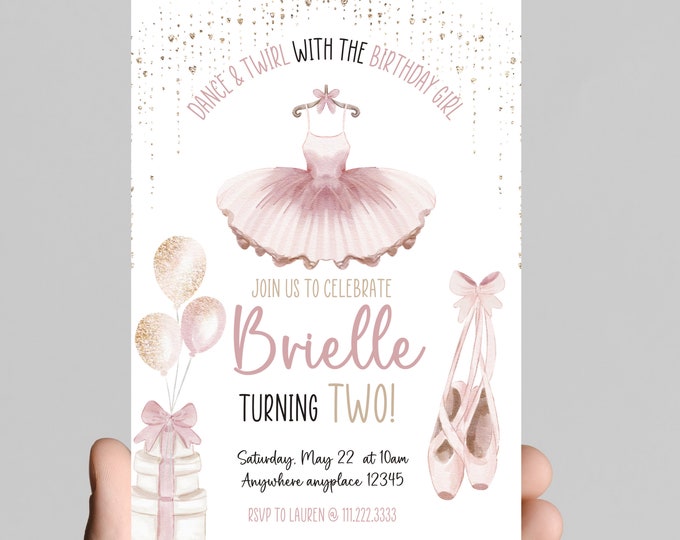 Ballet theme birthday invitation, dance and twirl with the birthday girl, ballet theme light pink tutu, birthday little girl