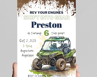 Rev your engine Shift into gear, ATV side by side theme birthday boy invitation, easily edit age and details, dirt, mud, printable, digital