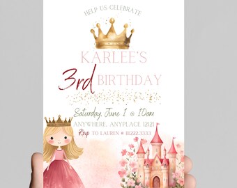 Princess Birthday Invitation, Castle, Carriage, Gold Glitter (Instant Download)