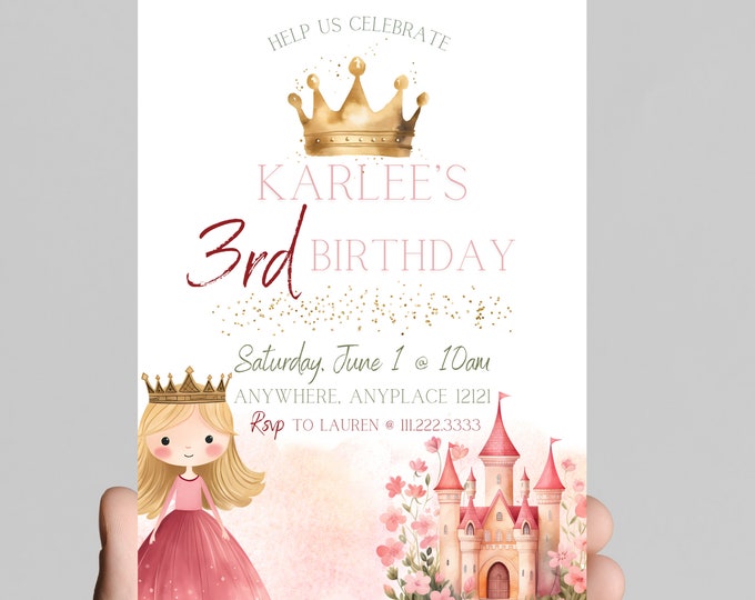 Princess theme birthday invitation, Princess castle, carriage, gold glitter, pink Princess, little girl birthday party, customizable