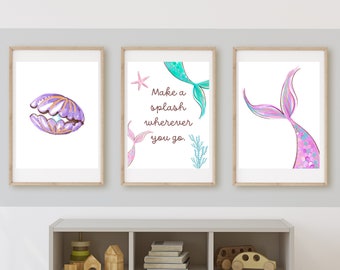 Mermaid girl’s bedroom wall art or playroom wall decor, sparkles, mermaid tails, name art, under the sea, printable, digital