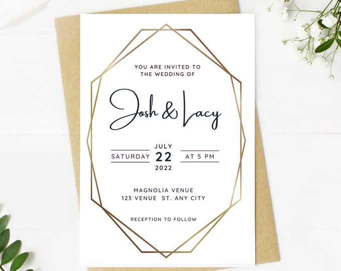 Beautiful Wedding invitation, boho gold frame, simple, minimalist, printable, editable, instant download template