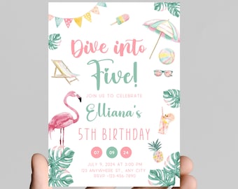 Tropical Pool Party Birthday Invitation, Editable Girl's Luau (Digital)