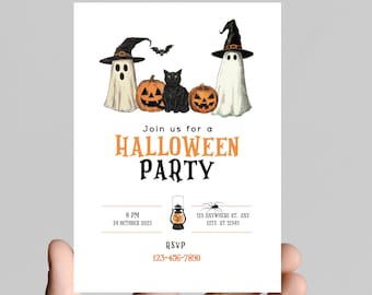 Halloween party invitation, spooky, costumes, pumpkins, spiders, editable, printable, digital