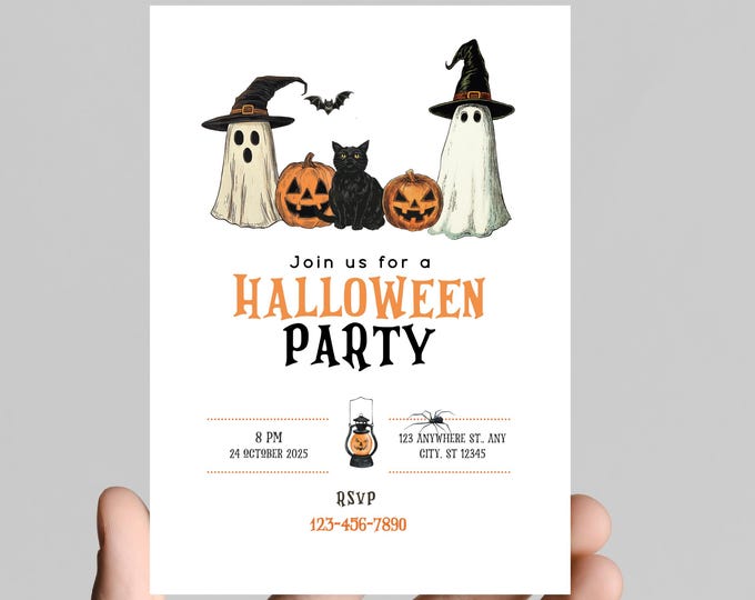 Halloween party invitation, spooky, costumes, pumpkins, spiders, editable, printable, digital