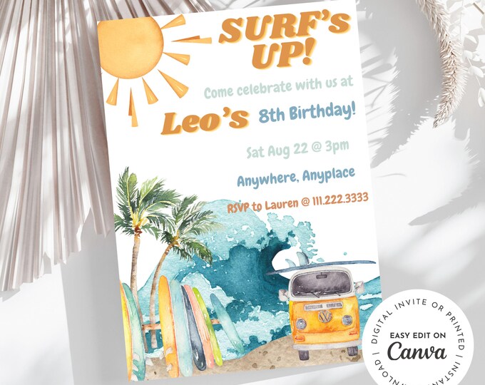 Surfing Baby Boy Invitation, Tropical, Surfboard, Gnarly, Retro, Beach Birthday Invitation, E-invite, Printable Invite, Canva Invitation