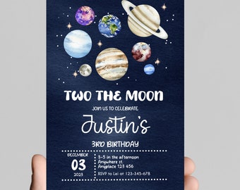 Two the moon and beyond! Space theme boy 2nd birthday invitation, astronaut, outer space, rocket, edit and printable, digital