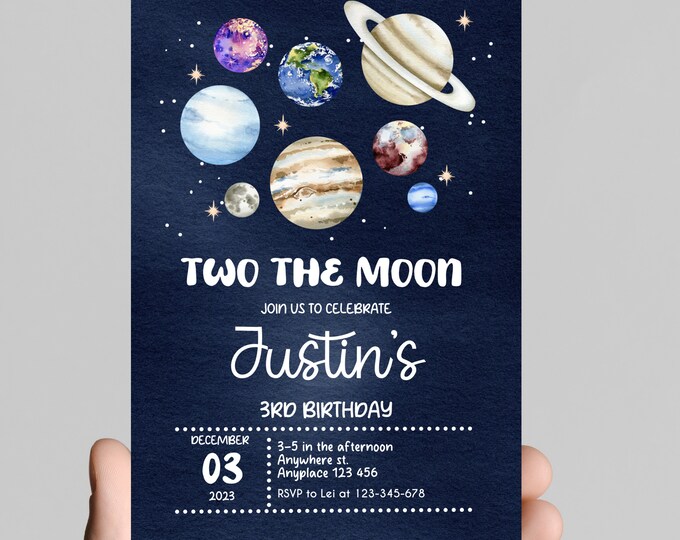 Two the moon and beyond! Space theme boy 2nd birthday invitation, astronaut, outer space, rocket, edit and printable, digital