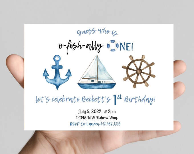 O'FISHally ONE theme Birthday Invitation, guess who is officially one, fish, fishing, water, first birthday invitation