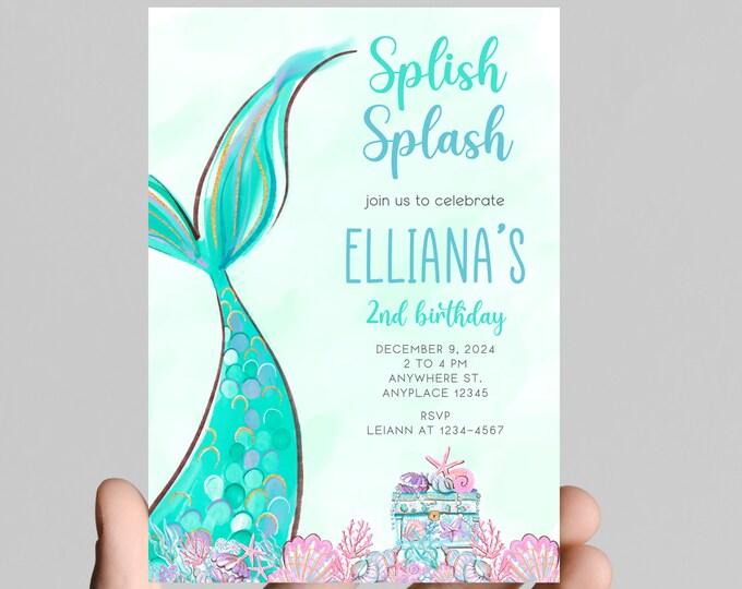 Mermaid and seashells theme girl birthday party invitation, sea shells, little mermaid tails, treasure, starfish, watercolor,age is editable