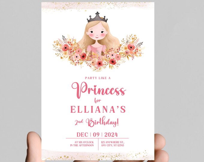 Princess theme birthday invitation, Princess castle, carriage, gold glitter, pink Princess, little girl birthday party, customizable