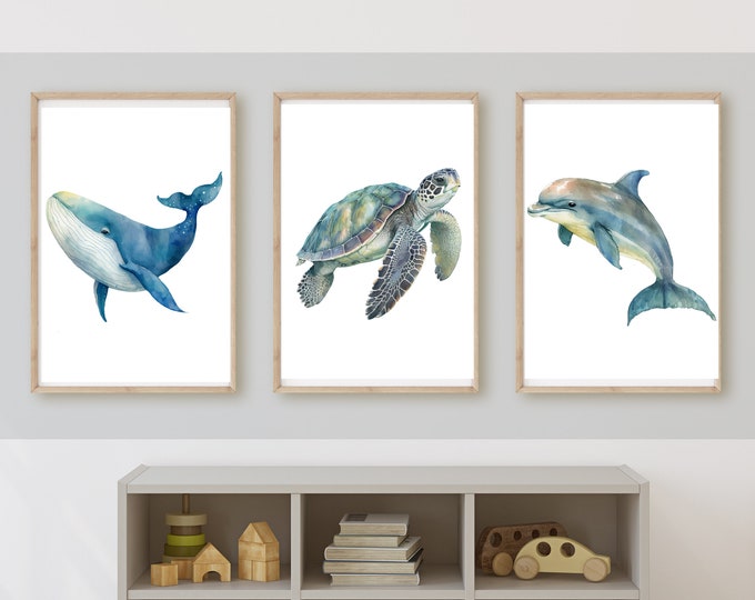 ocean animals nursery bedroom decor, beach, coastal nursery decor, 11x14, set of 3 prints included, customizable, frame not included