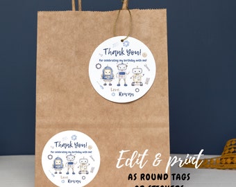 Robots, robotics theme round party favor tags or stickers, thank you for celebrating my birthday with me