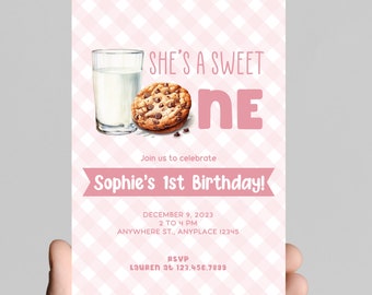 sweet one! Milk and cookies theme 1st birthday invitation, bakery sweets themed invitation for little one, chocolate chip cookies, printable