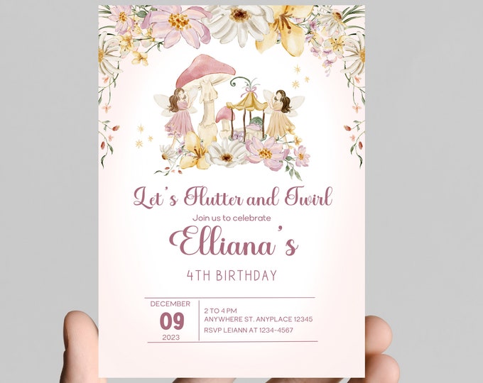Fairy theme girl birthday party invitation, age is editable, fairies theme watercolor invitation , printable, digital