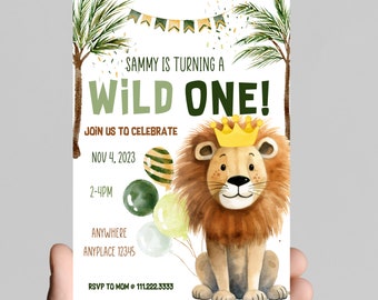 Wild ONE Lion 1st Birthday Invitation, Safari Animals (Digital, Printable)