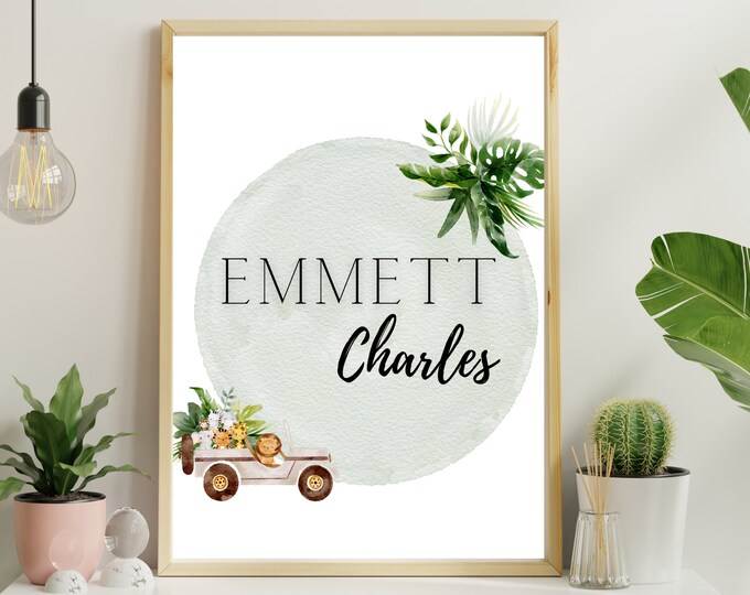 Safari animal boho nursery wall art, zoo animals and greenery, simple, minimalist, printable, name is editable, instant download template
