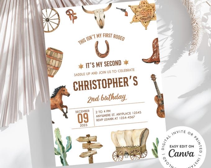 Not my first rodeo, it’s my second! 2nd birthday invitation, western, county, cactus, rustic, rodeo, horse, cowboy boots, first birthday boy
