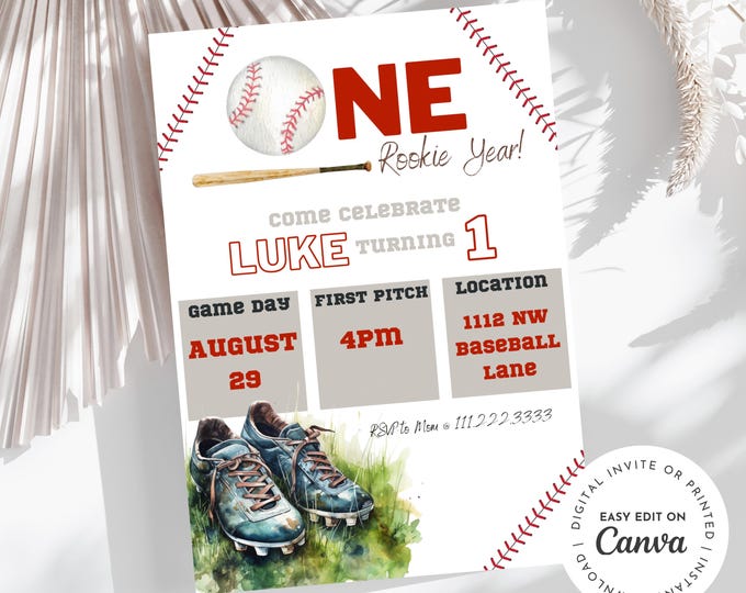 One rookie year, rookie of the year birthday invitation, first birthday party, baseball, customizable, easy to edit, printable, digital.