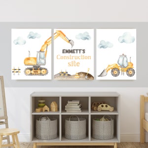 Construction site truck room decor, wall art, dump truck, excavator, 11x14, set of 3 prints included, name is customizable, printable