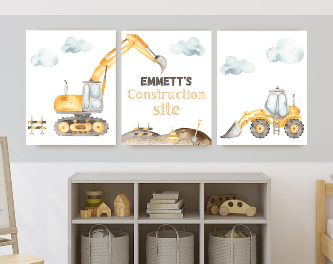 Construction site truck room decor, wall art, dump truck, excavator, 11x14, set of 3 prints included, name is customizable, printable