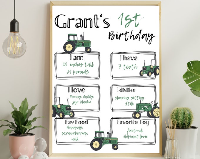 Tractor theme first birthday Stats sign! Green Tractor themed birthday ,john deere tractors, green tractors, birthday boy invitation.
