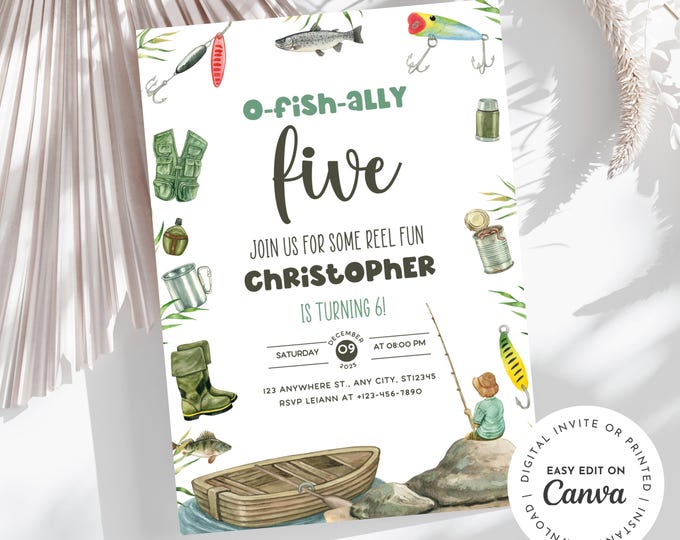 O-fish-ally five, Fishing theme birthday invitation, fisherman, fish, fishing, water, birthday boy, 5th birthday invite, edit to any age