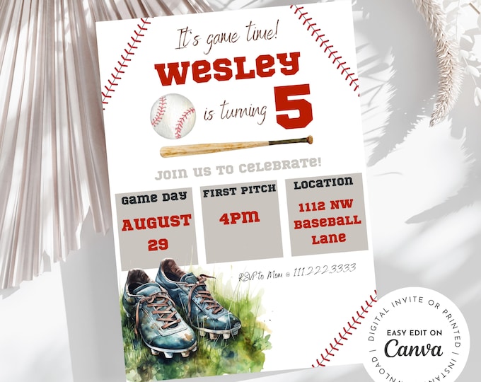 baseball birthday boy invitation, home run, party, game time, age is customizable, easy to edit, printable, digital.