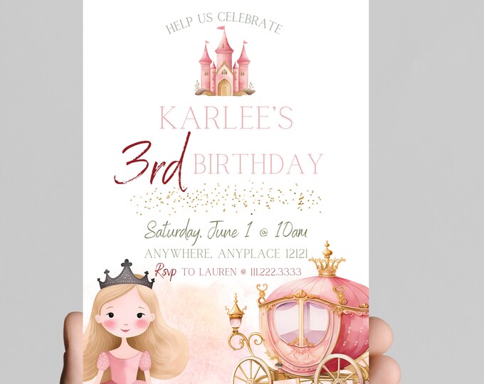Princess theme birthday invitation, Princess castle, carriage, gold glitter, pink Princess, little girl birthday party, customizable